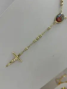 Rosario con Extensión Gold-Plated Beaded Necklace with Cross Pendant and Centerpiece for Religious Jewelry