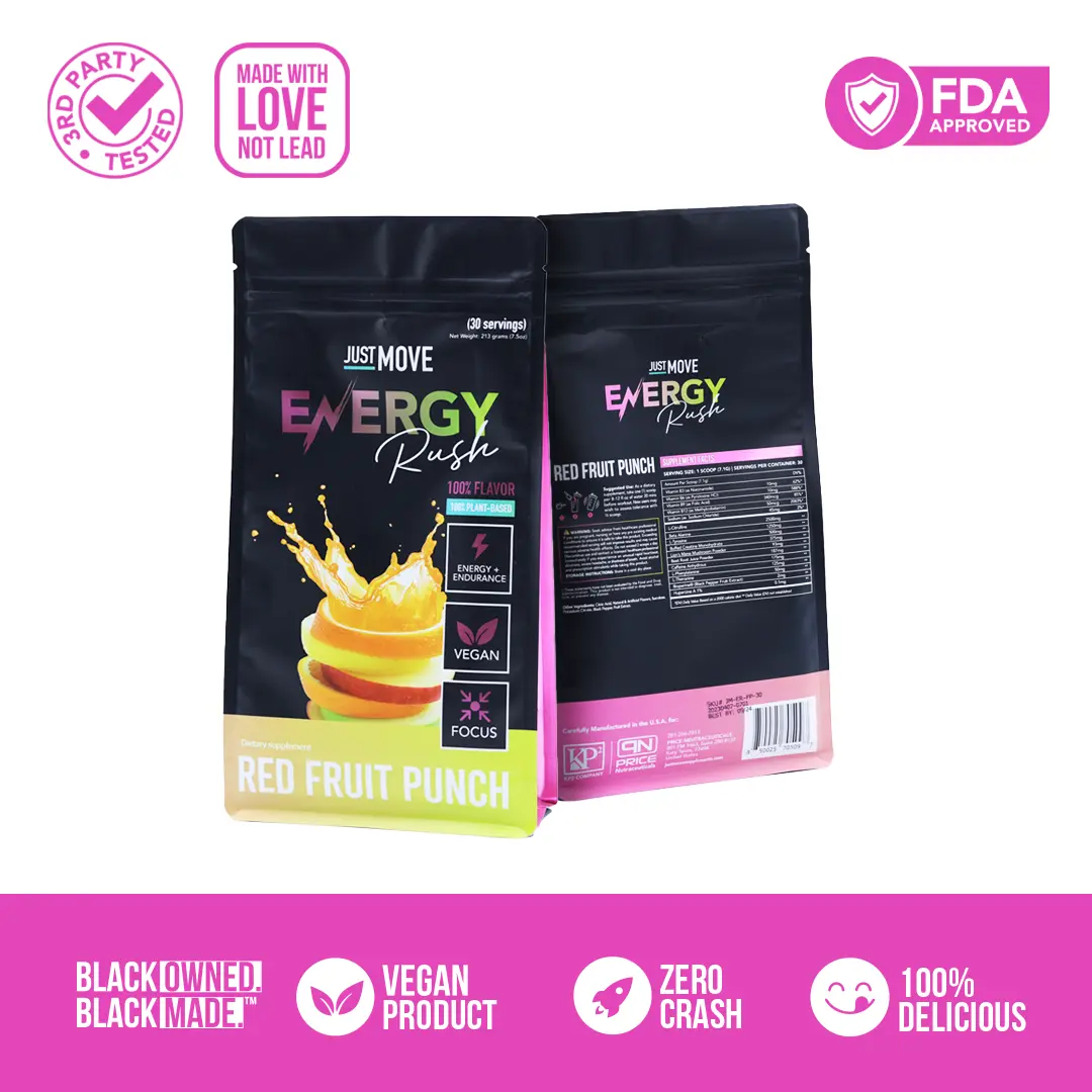 Just Move Pre Workout -  Fruit Punch Energy Rush - Vegan (Plant Based), Organic, B12 Vitamins, Hydration, Lions Mane, Beet Root Powder, Keto, Dairy Free, 30 Servings