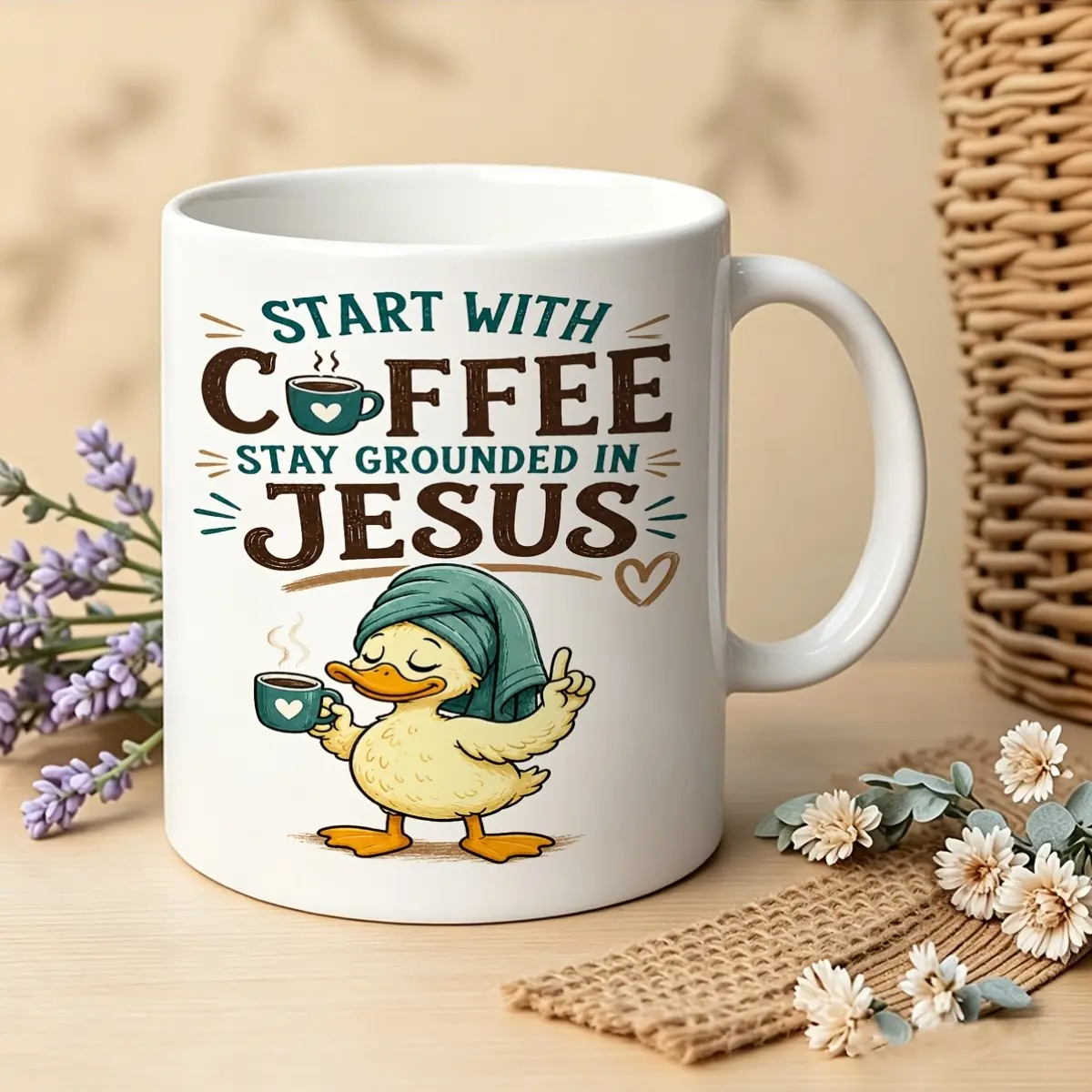 Start With Coffee Stay Grounded In Jesus Mug, Cute Duck Christian Ceramic Cup, Religious Faith Gift