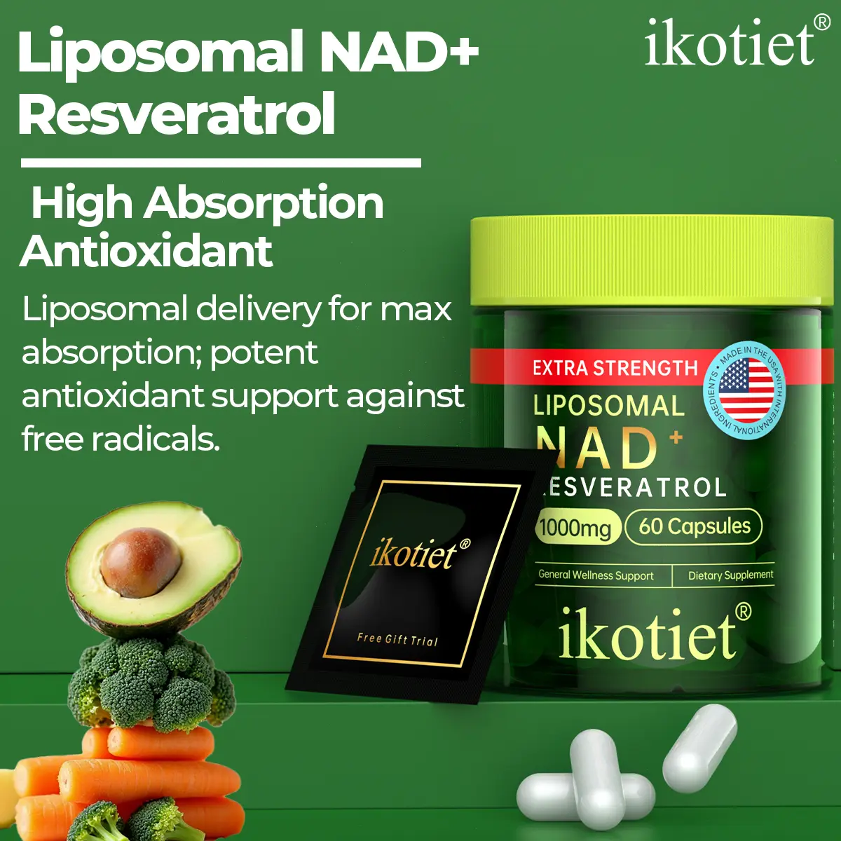 ikotiet Fat Body NAD+ & Resveratrol — Supports Metabolism, Cellular Health, and Anti-Aging — Protein-Based Dietary Supplement for Women, High Absorption, 60 Vegetarian Capsules
