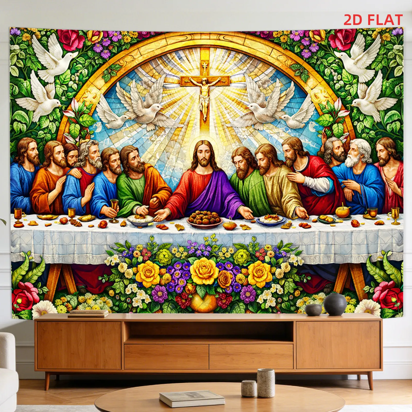 2D Flat, [2D Plane Printing] 1 Large Size/small Size Pattern Printed Tapestry- Last Supper, Jesus, Apostles, Cross, Doves, Room Wall Decoration, Non-luminous, Suitable for, Living Room, Meditation, Office, Party Decoration