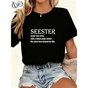 Women's 100% Cotton Round Neck Short-Sleeve T-Shirt - Charcoal Grey, Seester Definition Dictionary Print, Funny Slogan, Comfortable Breathable Fabric, Cute Sibling Gift, Everyday Fit Casual Top
