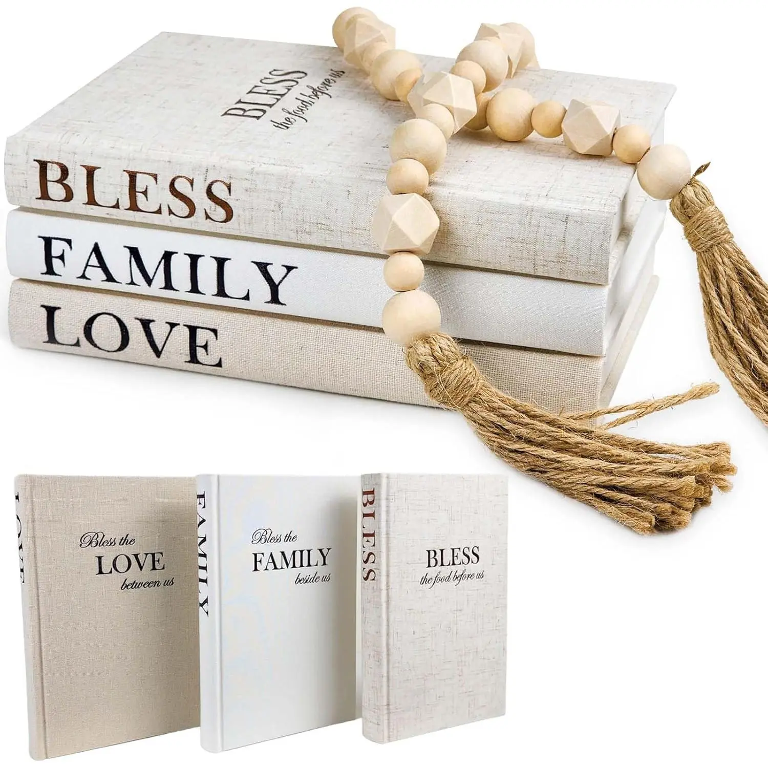 Linen Covered Decor Books 3 count, Decorative Books for Home Decor, Coffee Table Books Decor, Stacked Book Decor - Shelf, Entryway, Console Table, Fireplace Mantel Decor (Bless/Family/Love)