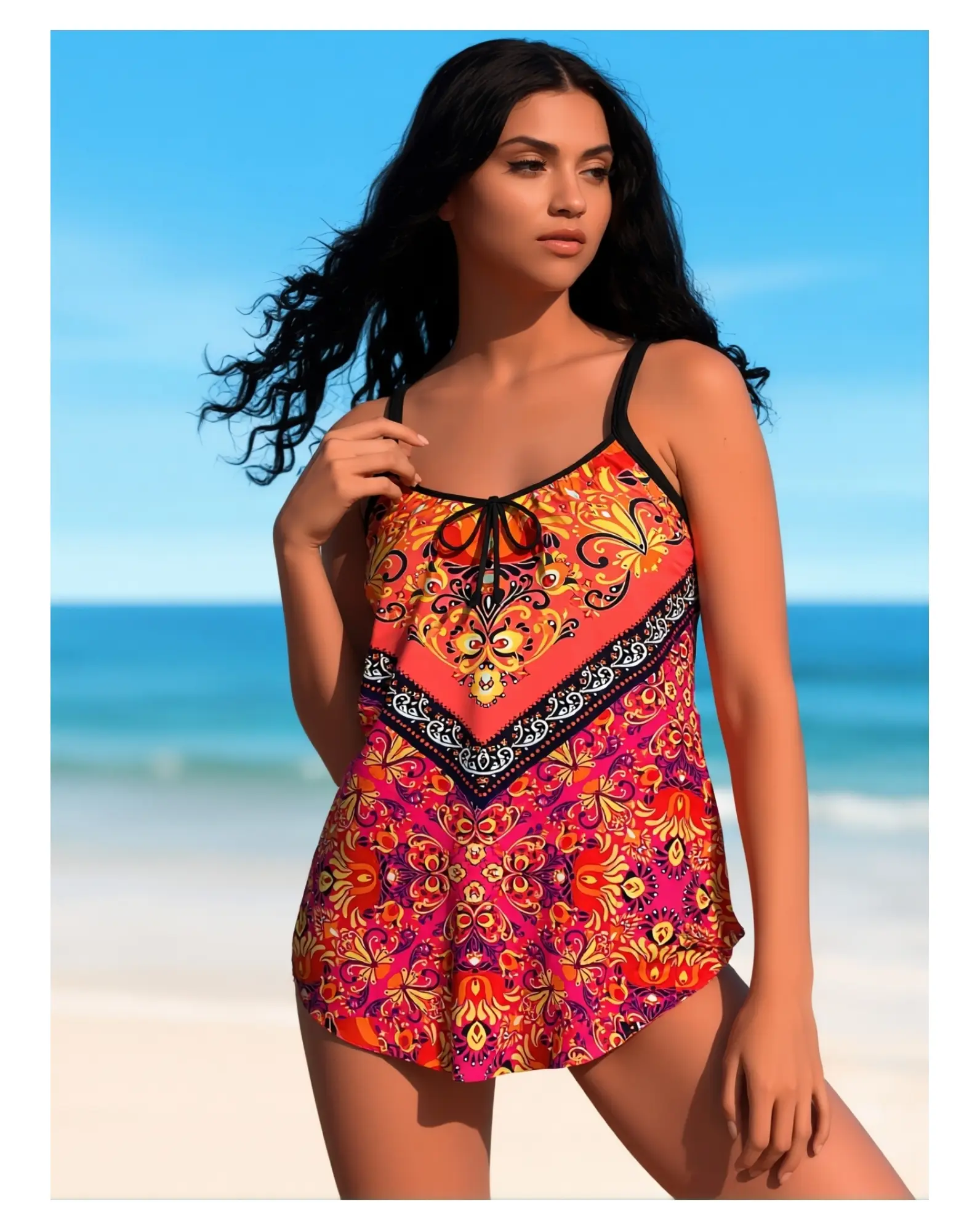 Printed Tankini Swimsuit for Women - Two Piece Bathing Suit with Shorts - UPF 50+ Sun Protection - Adjustable Straps - Modest Swimwear for Beach & Pool