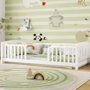 ARCH Twin Size Floor Bed with Guardrails and Central Entrance, Pine Wood Montessori Toddler Bed Frame for Kids, White Low-Profile Children's Bed for Bedroom Playroom, Easy Assembly, Safety Enclosed Design, Twin Size Options, White Color Options