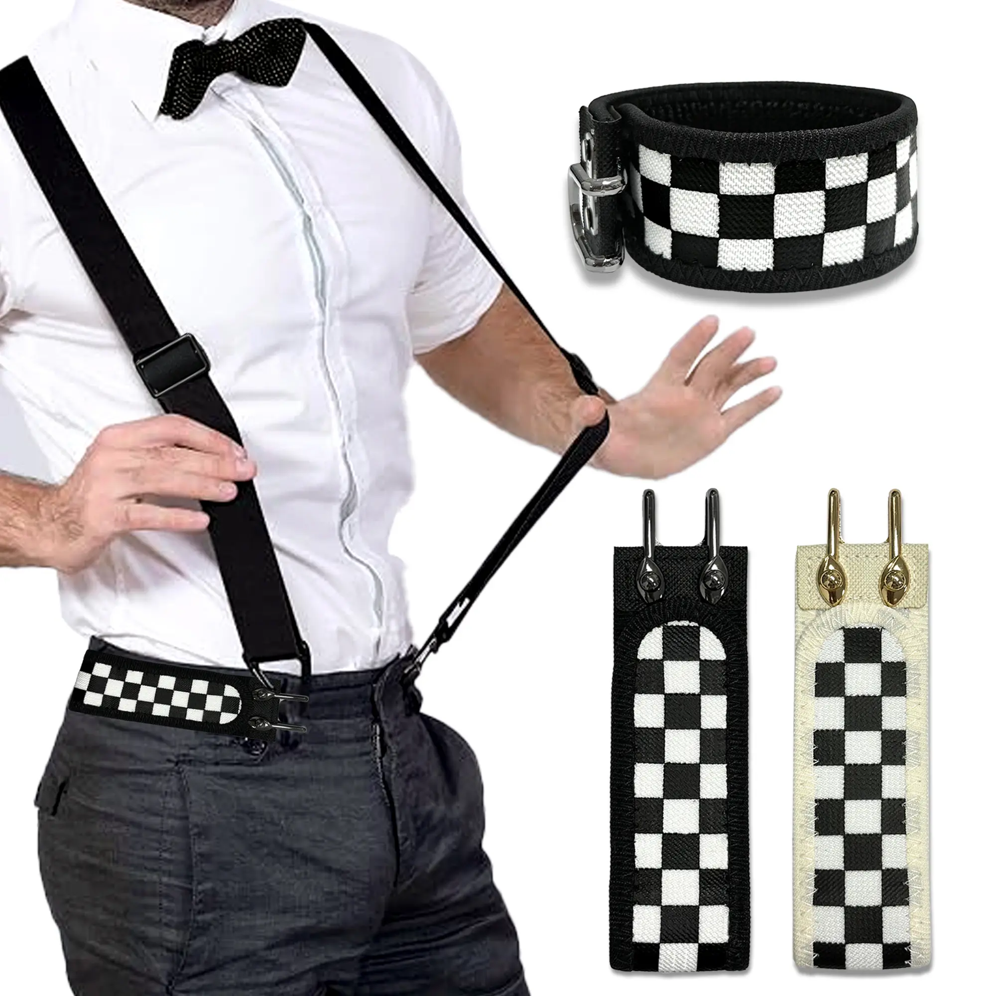 HAILTH Men's 2-Pieces X-Back Suspenders & Buckleless Belt Set, Checkered Elastic Stretch Waistband Belt with Dual Hook Connectors, Adjustable Quick On/Off Braces for Everyday Use