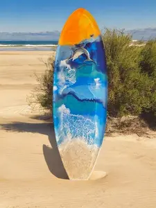 The Crafted Edge Surfboard hand crafted with resin and live edge wood coastal colors wall art serving board hanging decor