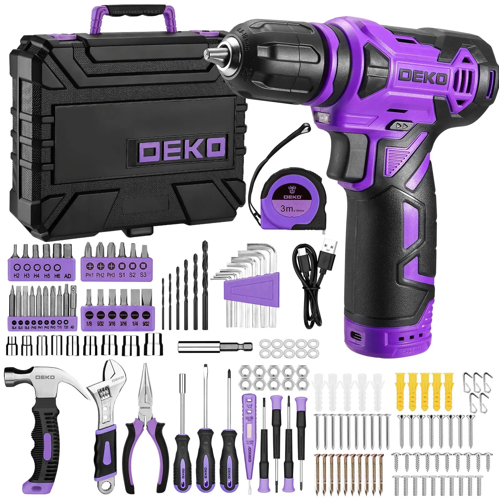 DEKO 12V Rechargeable Cordless Drill Driver Kit - 151-Piece Lightweight Power Drilling Tools Set with Tape Measure, Hammer, Precision Tools, Organizer for Home Repair, DIY Projects