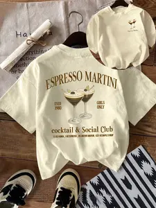 Women's Cream Oversized T-Shirt Top | "Espresso Martini Cocktail & Social Club" Retro Graphic Print, Vintage Mixology Aesthetic Apparel | TikTok Trending Girls-Only Bar Vibe Tee for Casual Style & Cocktail Enthusiasts Womenswear