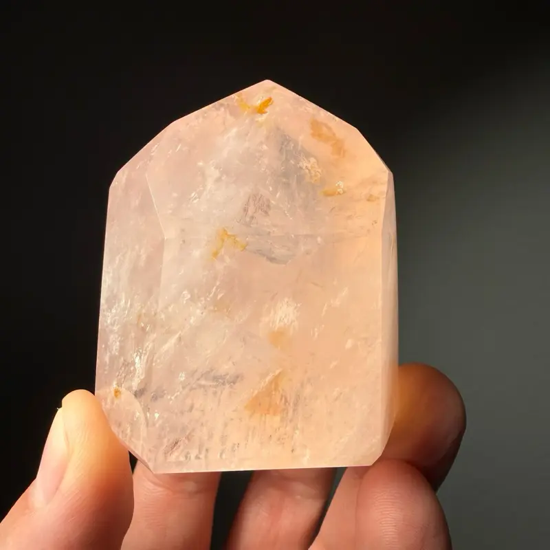 Natural Polished Brazilian Rose Quartz Tower with Golden Healer Inclusions, 6.9 oz Crystal Point