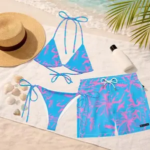 Vacation Tropical Palm Matching Swimwear 2026 – Women’s String Bikini & Men’s Swim Trunks, Blue Pink Couple Swimsuits, Summer Beachwear, Honeymoon Vacation Outfit