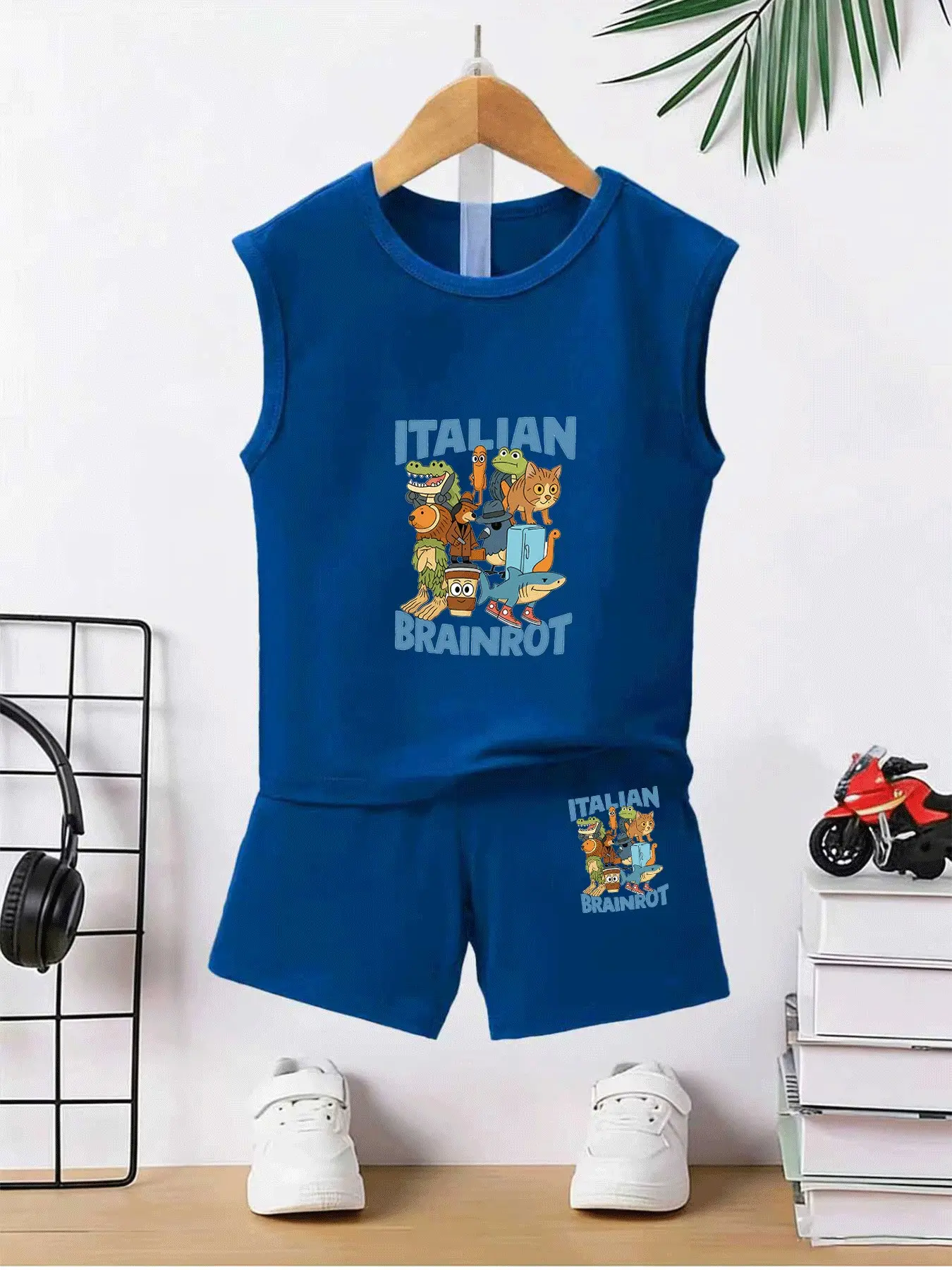 Summer Boys' Toddler Sleeveless Tank Top Vest + Shorts Set, Cartoon Print, Loose Fit, Breathable, Casual Wear, Sports, Travel, Gift Idea, Outfits Set
