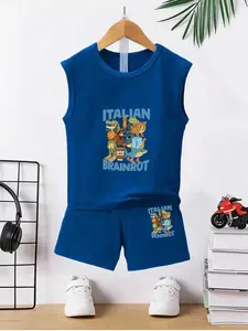Summer Boys' Toddler Sleeveless Tank Top Vest + Shorts Set, Cartoon Print, Loose Fit, Breathable, Casual Wear, Sports, Travel, Gift Idea, Outfits Set