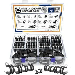 115 pcs cable clamps-304 Stainless Steel-Rubber Cushion Wire clamps-10 sizes 1/4" 5/16" 3/8" 1/2" 5/8" 3/4" 1" 1-1/4" 1-1/2" 1-3/4"-Assortment kit for pipe & wire mounting (Extra 5pcs)