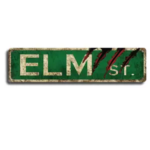 Vintage Elm St Metal Tin Sign 4x16 Inch Distressed Green Street Road Sign with Claw Marks Wall Decor Horror Movie Room Decor Halloween Party Funny Man Cave Poster Plaque Gift