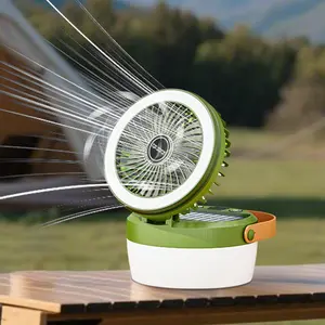 Solar Powered Camping Fan – 3-Speed with 4 Light Modes, USB & Solar Charging, Portable Solar Fan for Tent, Hiking, Emergency Use