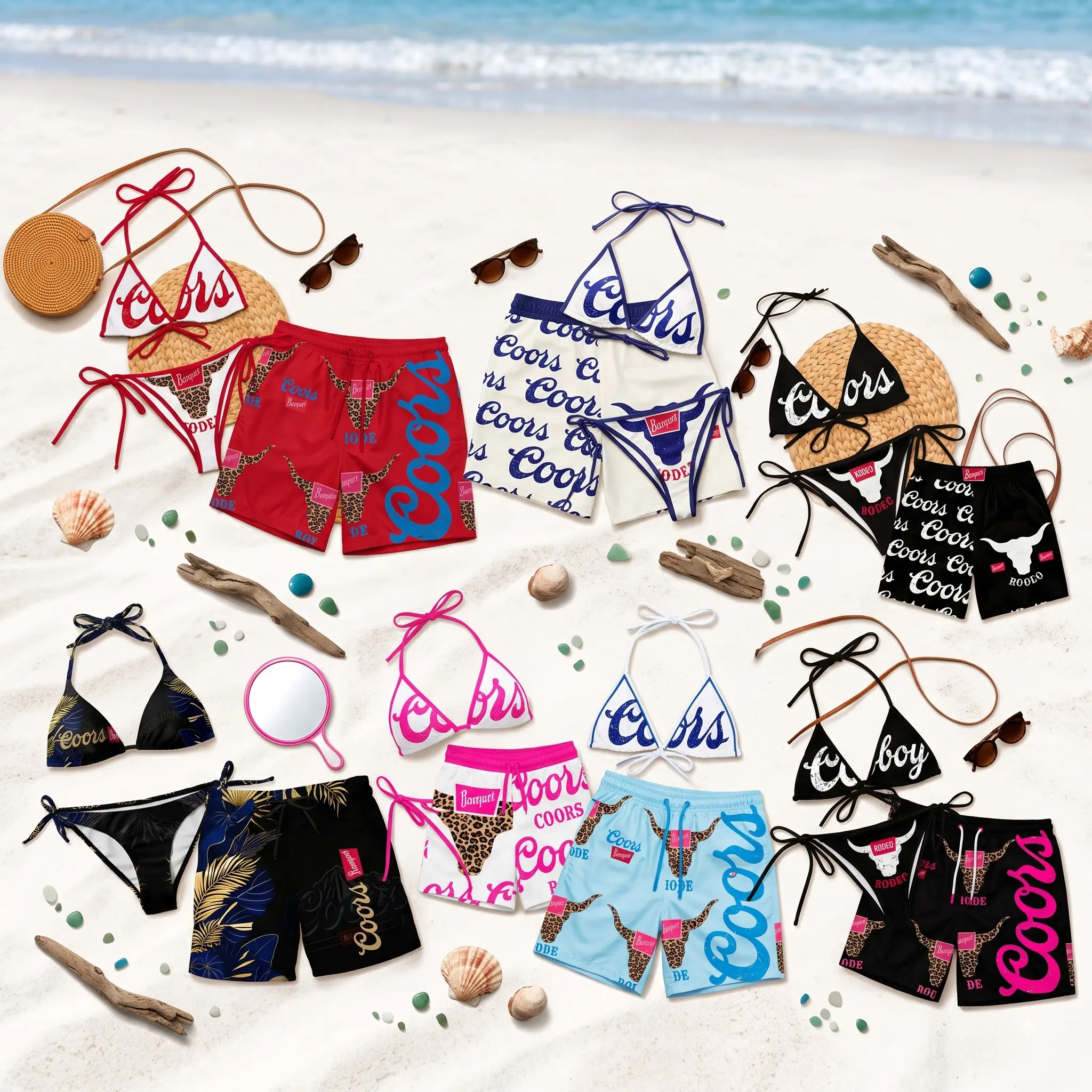Coors Rodeo Matching Couple Swimwear Set, Women’s Triangle Bikini Top and Tie Side Bottom with Men’s Beach Shorts, Western Beer Print His and Hers Summer Vacation Outfit, Tropical Resort Pool Party Beachwear Gift for Couples
