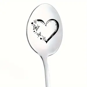 Stainless Steel Heart & Butterfly Design Spoon, Creative Coffee Spoon, Ice Cream Spoon, Kitchen Utensils for Home Use
