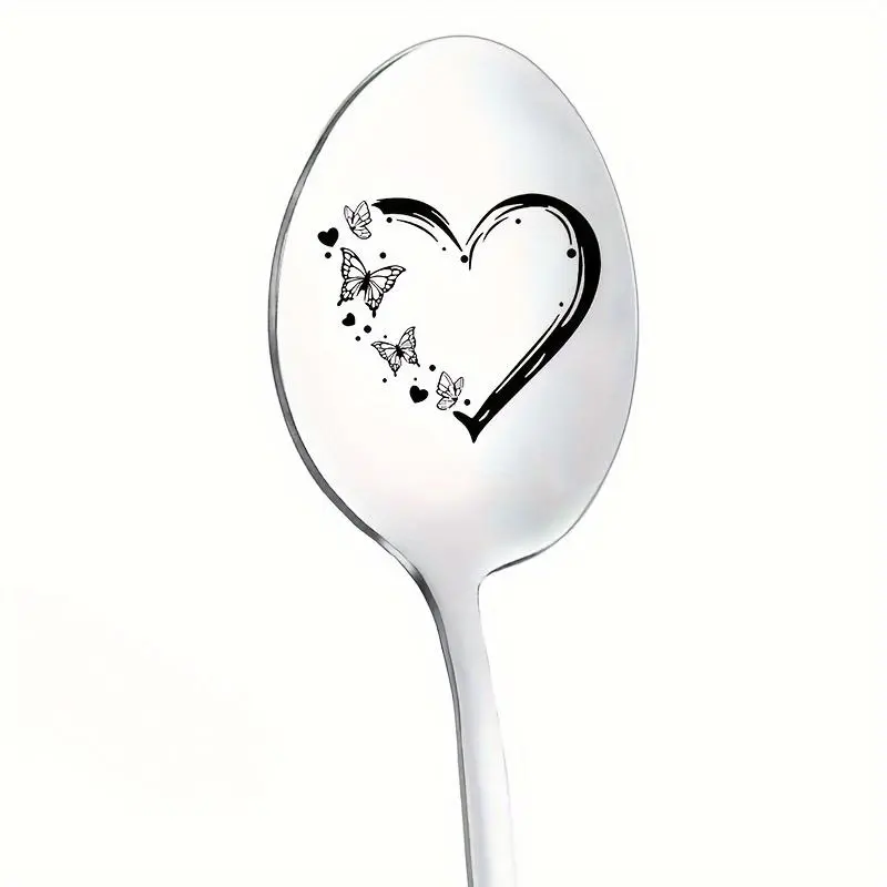 Stainless Steel Heart & Butterfly Design Spoon, Creative Coffee Spoon, Ice Cream Spoon, Kitchen Utensils for Home Use