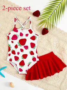 Girls Strawberry Pattern Swimsuit Set, Cute Two-Piece Swimwear, Strapless One Piece Top & Layered Ruffle Skirt, Beach Vacation