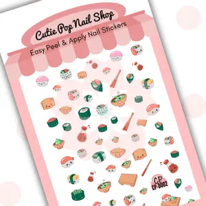 Sushi nail decals; 2d self-adhesive, ultra-thin, kawaii, 8.5 x 12cm sheet