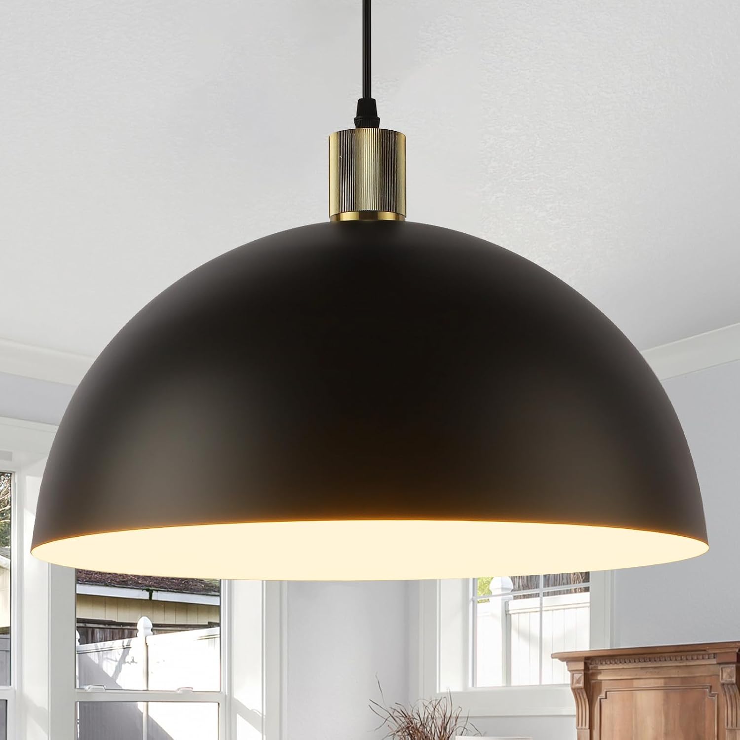 Black Pendant Light Fixtures, 15.7" Large Dome Farmhouse Vintage Chandelier Hanging Lighting for Kitchen Island Dining Room