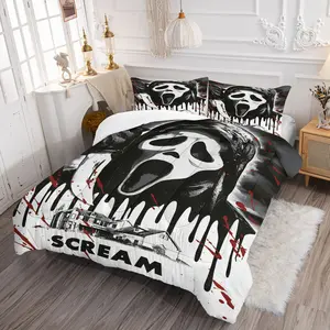 Scream Ghostface Comforter Set (2/3-Piece, 1 Comforter + 1-2 Pillowcases), Horror Movie Print, Soft Bedding Sets, Decorative Bedding Set, Perfect for Gothic & Horror Decor, Ideal Gift for Scream Fans & Movie Enthusiasts