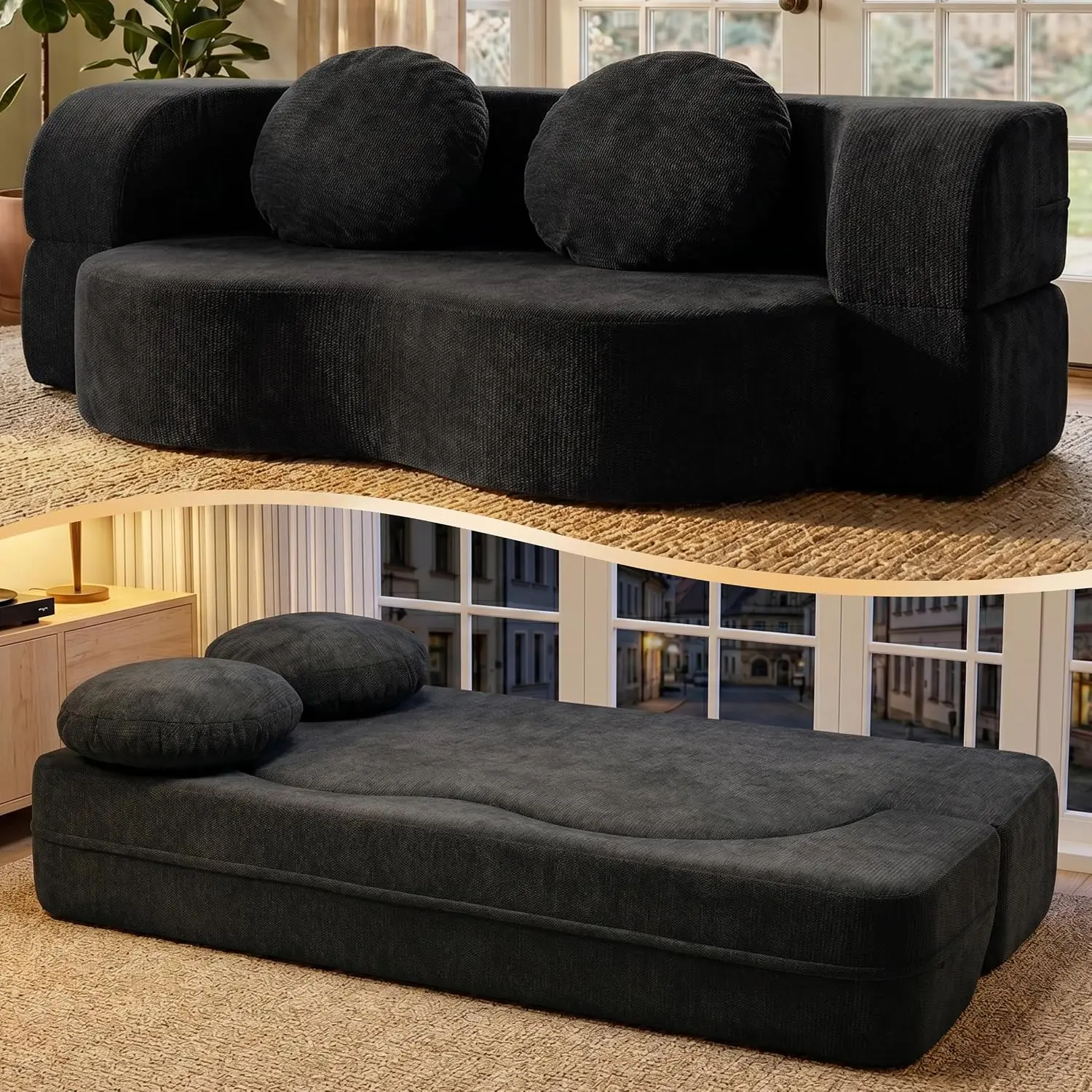 75.5" Convertible Sleeper Sofa Bed,Cotton Linen Boneless Loveseat with 2 Pillows, Teddy Floor & Futon Loveseat Couch,Foam Folding Mattress Sleeper for Living Room,No Assembly,Black