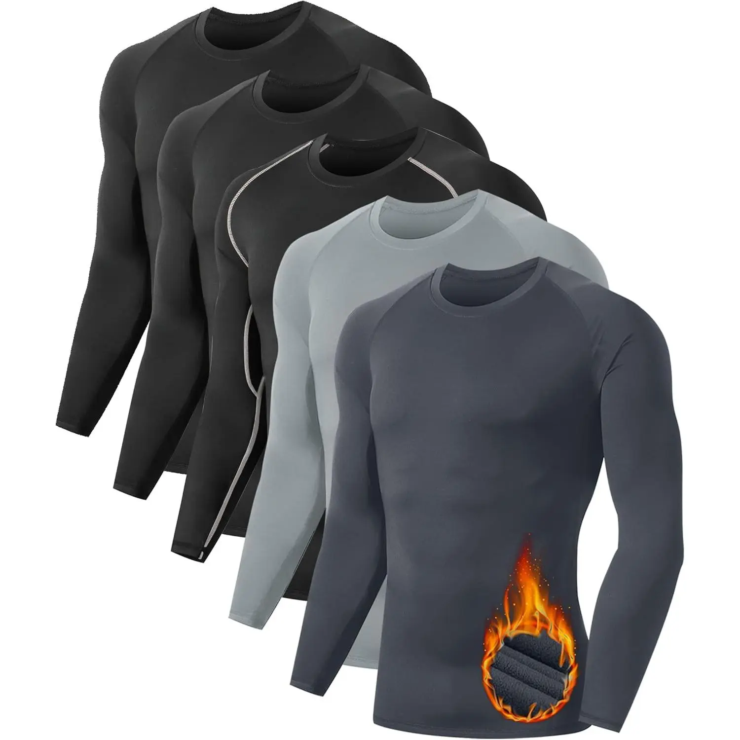 Men's Long-Sleeve Fleece-Lined Thermal Compression Undershirts - Stretch Spandex Athletic Base Layers, Plain Fabric, Cold Weather Outdoor Gear (2 Turtle Necks + 3 Crew Necks, Black & Gray)