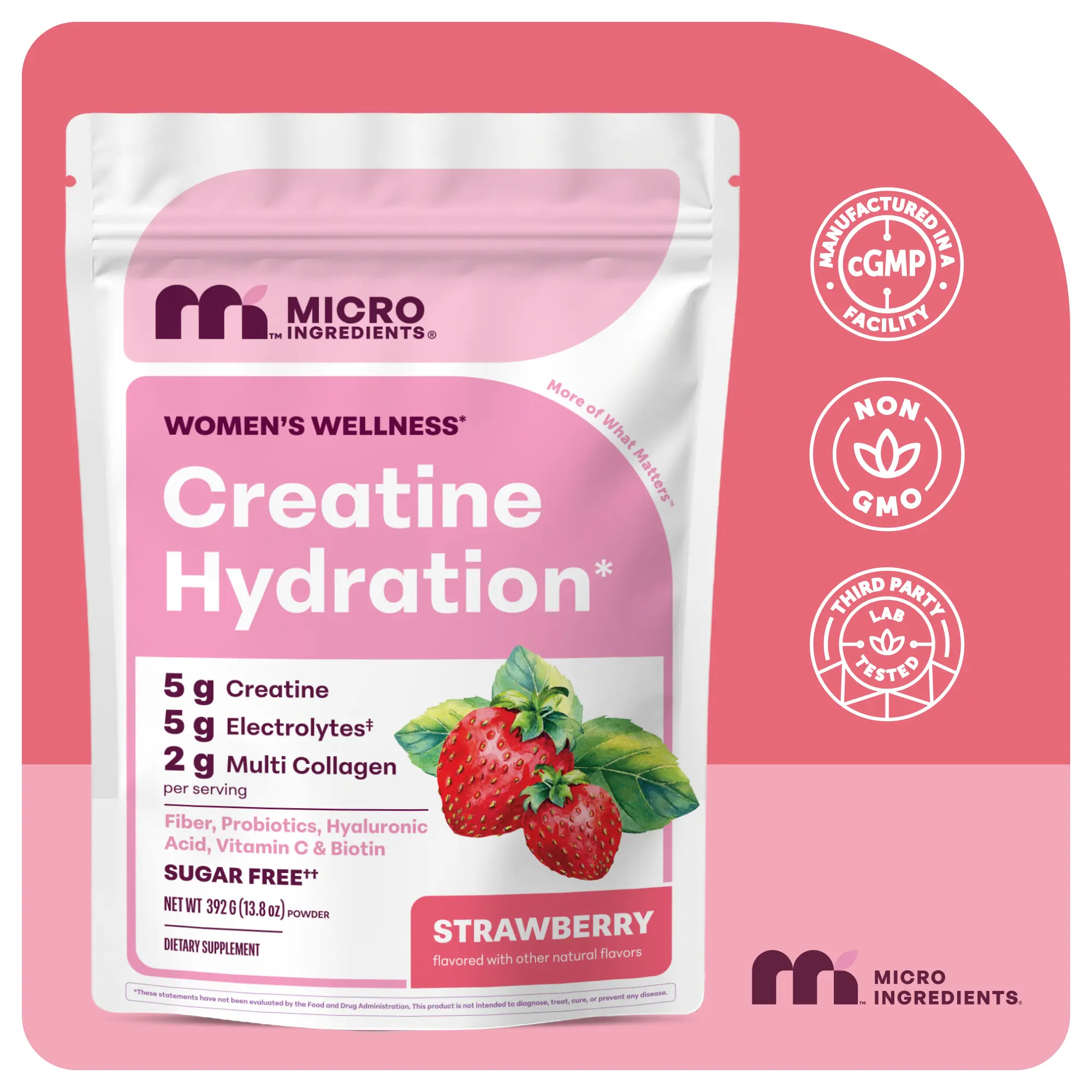 Micro Ingredients Creatine Hydration for Women (Strawberry Flavor) - 5g Creatine + 5g Electrolytes + 2g Collagen, with Fiber, Probiotics, HA, Vitamin C and Biotin - No Gluten, No GMO | 30 Servings