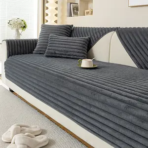 1pc Sofa Cover Elastic Sofa Slipcover Soft Plush Sofa Cushion Cover, Pet-Friendly Striped Fabric Sofa Couch Protector, Home Office Living Room Decor, Durable Cushions & Stylish Design, Couch Covers