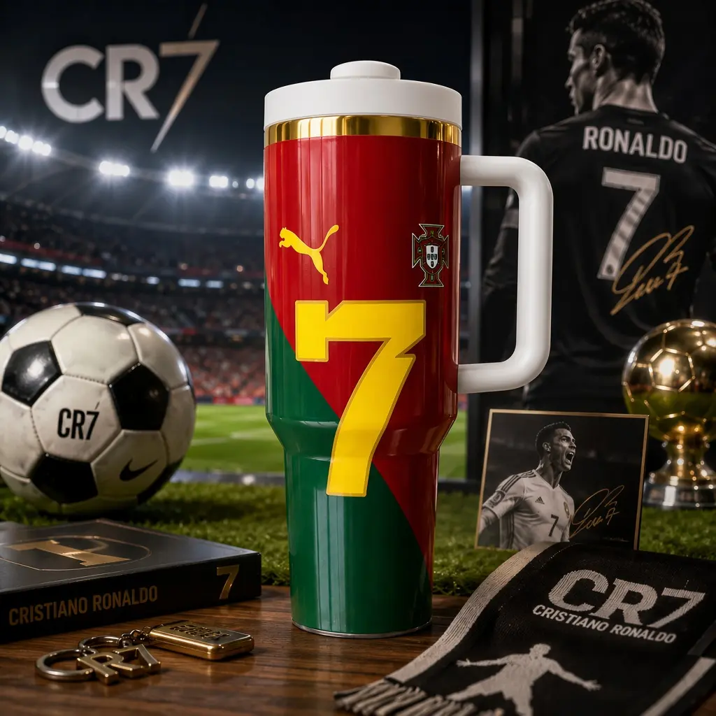 CR7 Soccer 40oz Tumbler with Handle, Cristiano Ronaldo Inspired Football Travel Cup, Reusable Insulated Water Bottle, Sports Gift for Soccer Fans