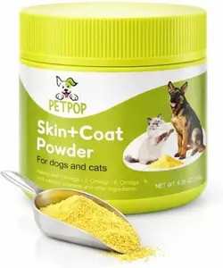 PETPOP Skin & Coat Support Powder for Dogs & Cats 6.36 oz, Chicken Flavor, Omega 3 6 9 with Biotin & Vitamin C, Easy Mix Supplement for Healthy Skin & Shiny Coat.