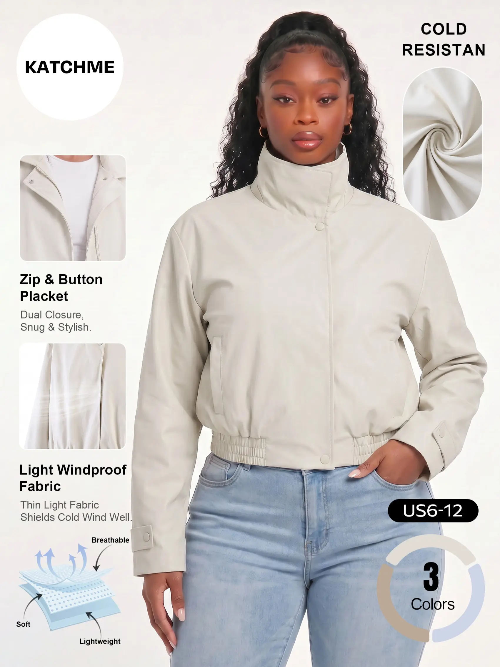 Katch Me Chic Women's Casual Solid Color Stand Collar Lightweight Trench Coat, Zipper & Button Windproof Outerwear for Spring & Fall, Wrinkle-Resistant Long Sleeve Bomber Jacket #TikTokMadeMeBuyIt #Windbreaker #LightWarmth #StreetStyle