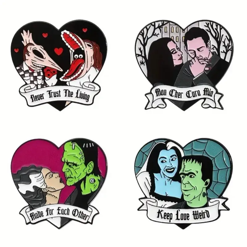 Cute Heart Horror Lovers Enamel Pins - Unique Designs Featuring Love, Trust, and Mystery Themes