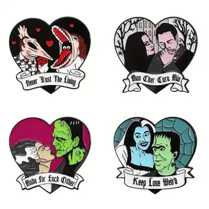 Cute Heart Horror Lovers Enamel Pins - Unique Designs Featuring Love, Trust, and Mystery Themes