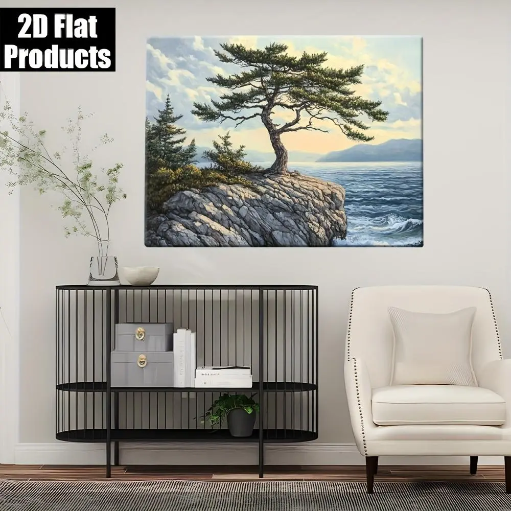 2D Flat, Wooden Framed Coastal Tree on Rocky Cliff by Sea Wall Art - High-Resolution Layered Landscape Painting, Wrap-Around Canvas Frame, Vintage & Modern Style Serene Blue & Green Nature Scene for Living Room, Bedroom, Home Office, Outdoor Decor	