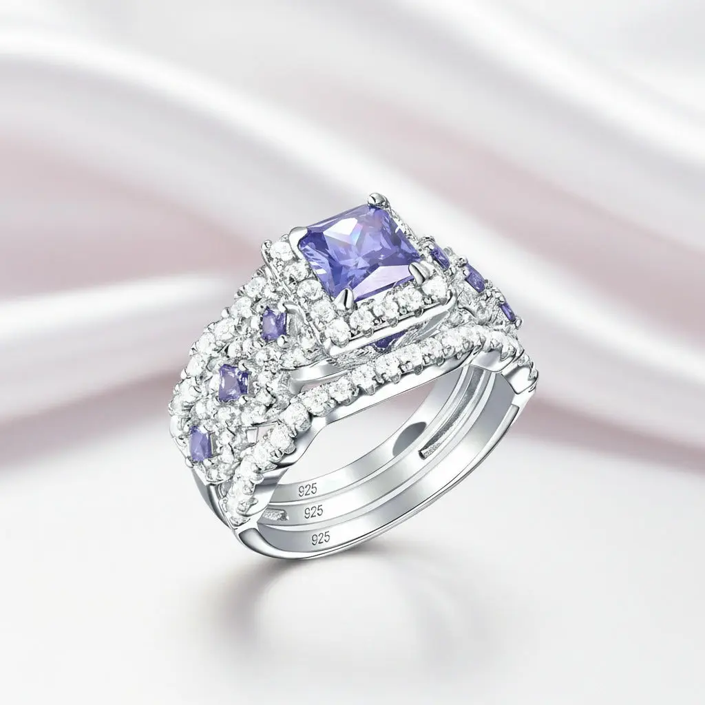 Purple Blue Princess Cut Tanzanite Gemstone Engagement Ring Set