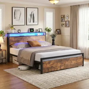 Queen Bed Frame and Mattress Set with LED Lights & Storage Drawers, Platform Bed with Charging Station & Storage Headboard, Noise-Free, Heavy Duty Metal Slats, Easy Assembly, No Box Spring Needed