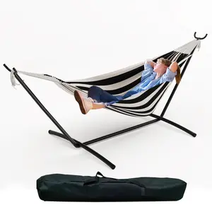 Premium 2-Person Double Hammock – Adjustable Steel Stand, 450lbs Load Capacity, Reinforced Thick Rope Bed. Portable, space-saving design for indoor & outdoor use, perfect for patio, camping and garden. Comes with a handy carry bag for easy storage and tra