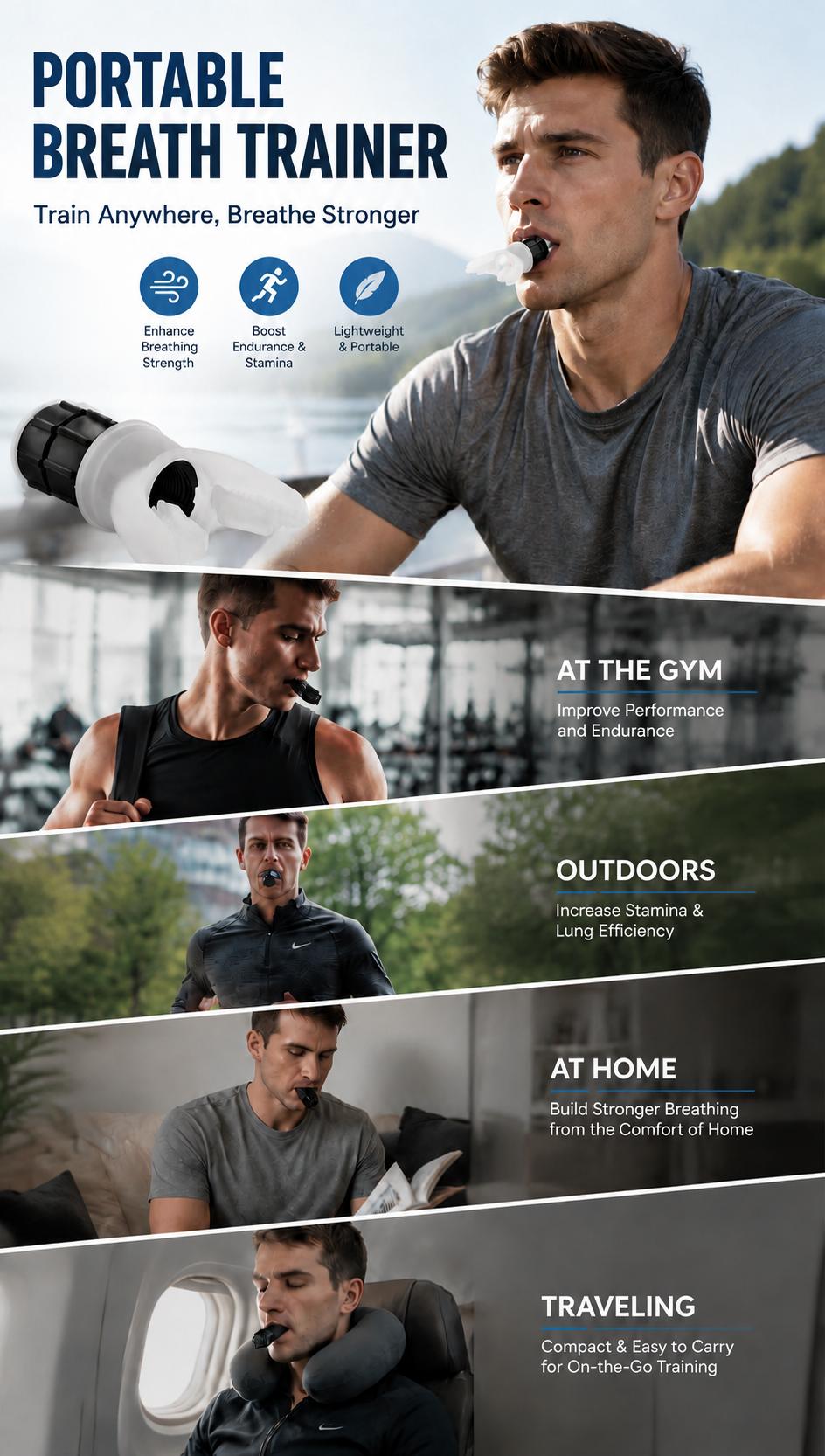 Portable Breathing Exercise Trainer, Adjustable Respiratory Fitness Tool for Stamina & Endurance Workout for Home Outdoor Travel