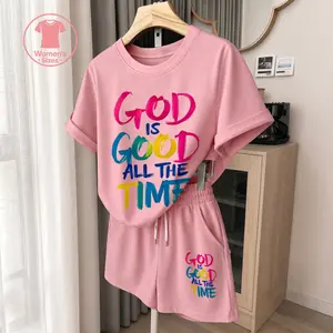 Women’s Christian Graphic 2 Piece Shorts Set, God Is Good All The Time Print Short Sleeve T Shirt and Drawstring Shorts Matching Outfit, Casual Summer Faith Activewear for Daily Wear, Travel and Weekend Comfort