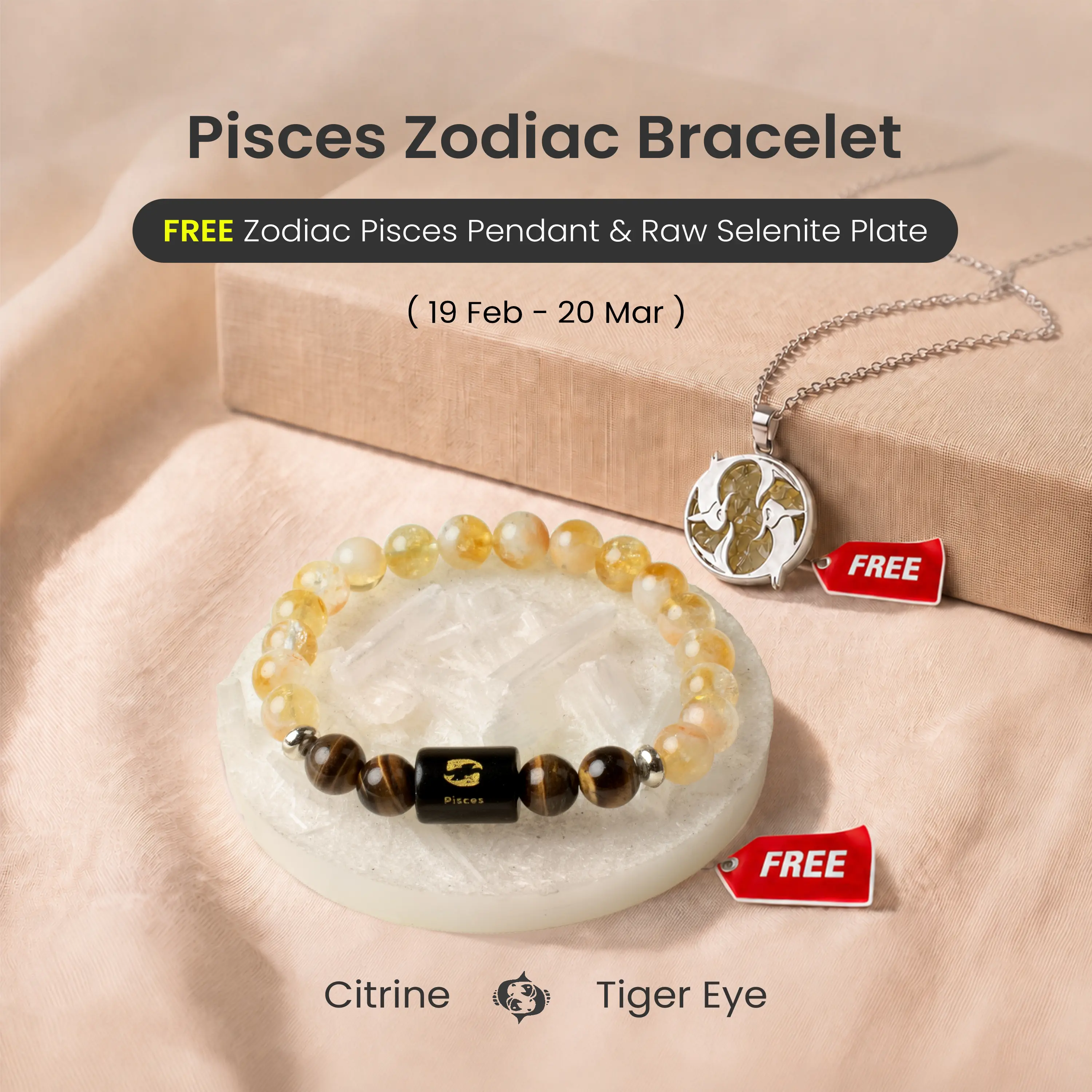 Astrotalk Citrine & Tiger Eye Pisces Zodiac Bracelet for protect sensitive energy, build stability & confidence | FREE Pisces Pendant & Raw Selenite Plate for Crystal Charging | Daily Wear Jewellery | Certified Authentic | Perfect Gift for Pisceans