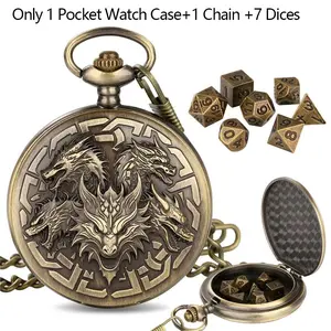 Vintage Five Dragon Head Empty Pocket Watch Case with Pendant Chain, Includes 7pcs Mini Metal Polyhedron Dice, Tabletop Role Playing Game Accessories,Indoor Entertainment RPG Board Gaming Dice