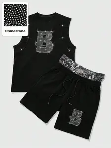 Men's 2 Piece Letter Print Rhinestone T-Shirt Shorts Matching Set, Casual Summer, Comfortable and Stylish, Perfect for Daily Wear