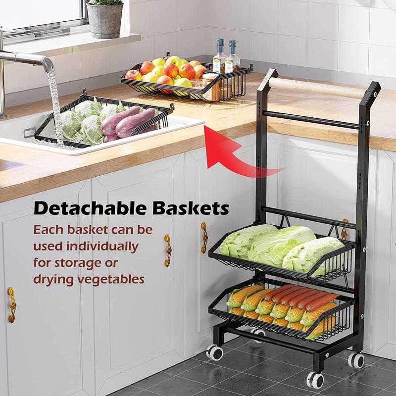 4-Tier Storage Cart with Wheels Rustproof Snack Cart Adjustable Vegetable Fruit Rack Rolling Pantry Utility Kitchen Cart with Solid Wood Handle Detachable Fruit Baskets 360°Movable Organiser