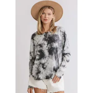 Umgee Full Size Tie Dye Round Neck Ribbed Button Front Top Plus Size