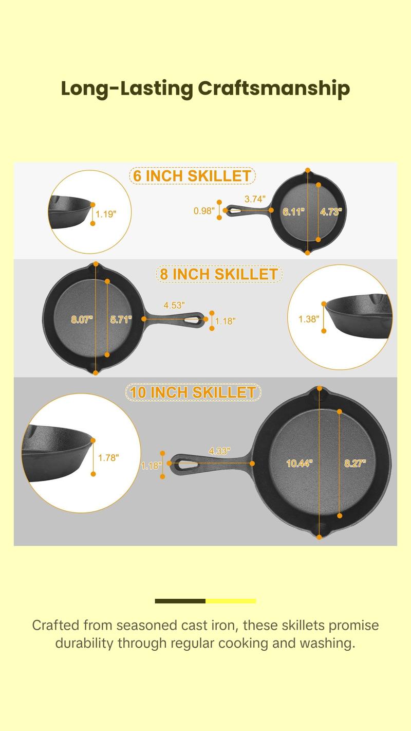 3Pcs Pre-Seasoned Cast Iron Skillet Set 6/8/10in Non-Stick Oven Safe Cookware Heat-Resistant Frying Pan Bake Induction