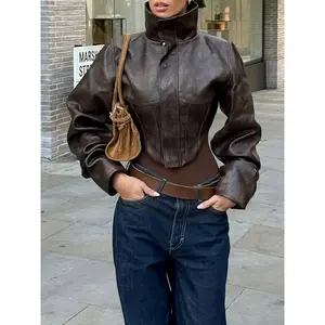 Women's High Neck PU Leather Jacket, Slim Fit Short Zipper Coat, Fall & Winter Fashion Outerwear, Casual Stylish Design