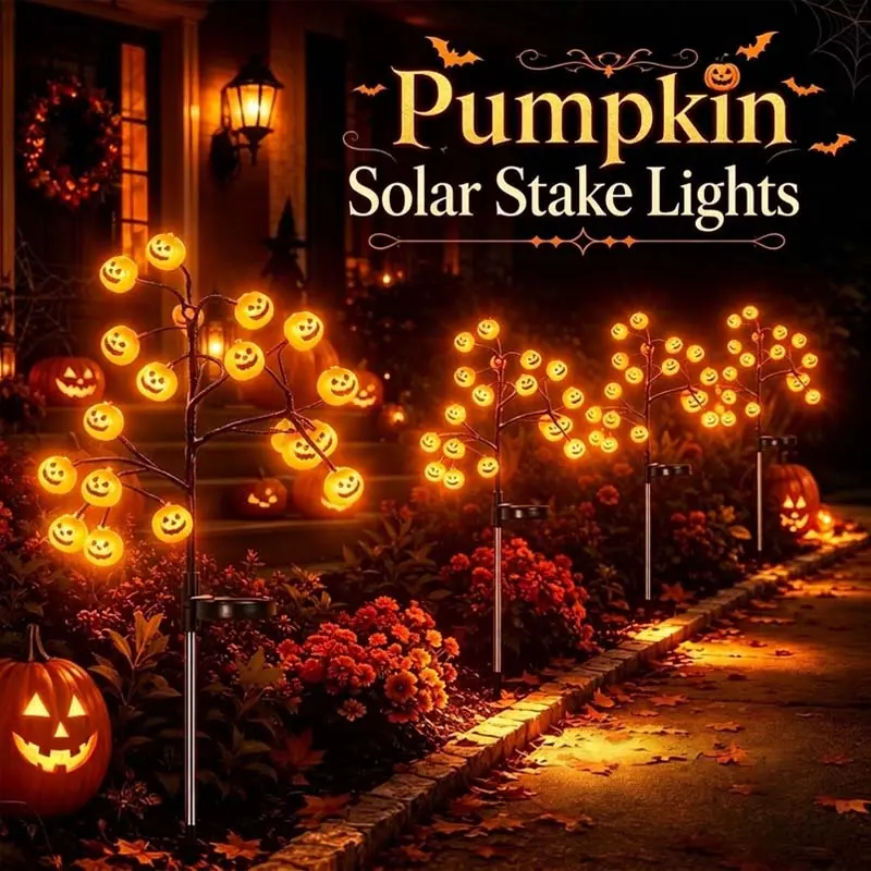 Solar Pumpkin Stake Lights Figurine, 20-Head Halloween Solar Pathway Stake Lights with 8 Lighting Modes Auto On/Off, Outdoor Lawn Garden Walkway Decor (2 Pack & 4 Pack Options), Halloween Holiday Decor